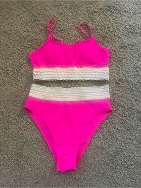 Bright Pink two Piece Swimsuit with Striped Waist Panels